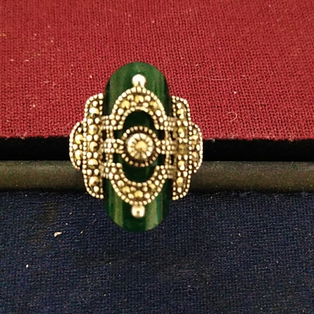 Jade & Marcasite Sterling Ring Sz 6